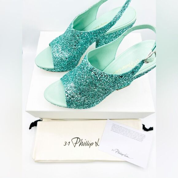 NWT 3.1 Phillip Lim Salma Glitter Platform Leather Sandals in Mint Blue 9.5 39.5 - Picture 3 of 8